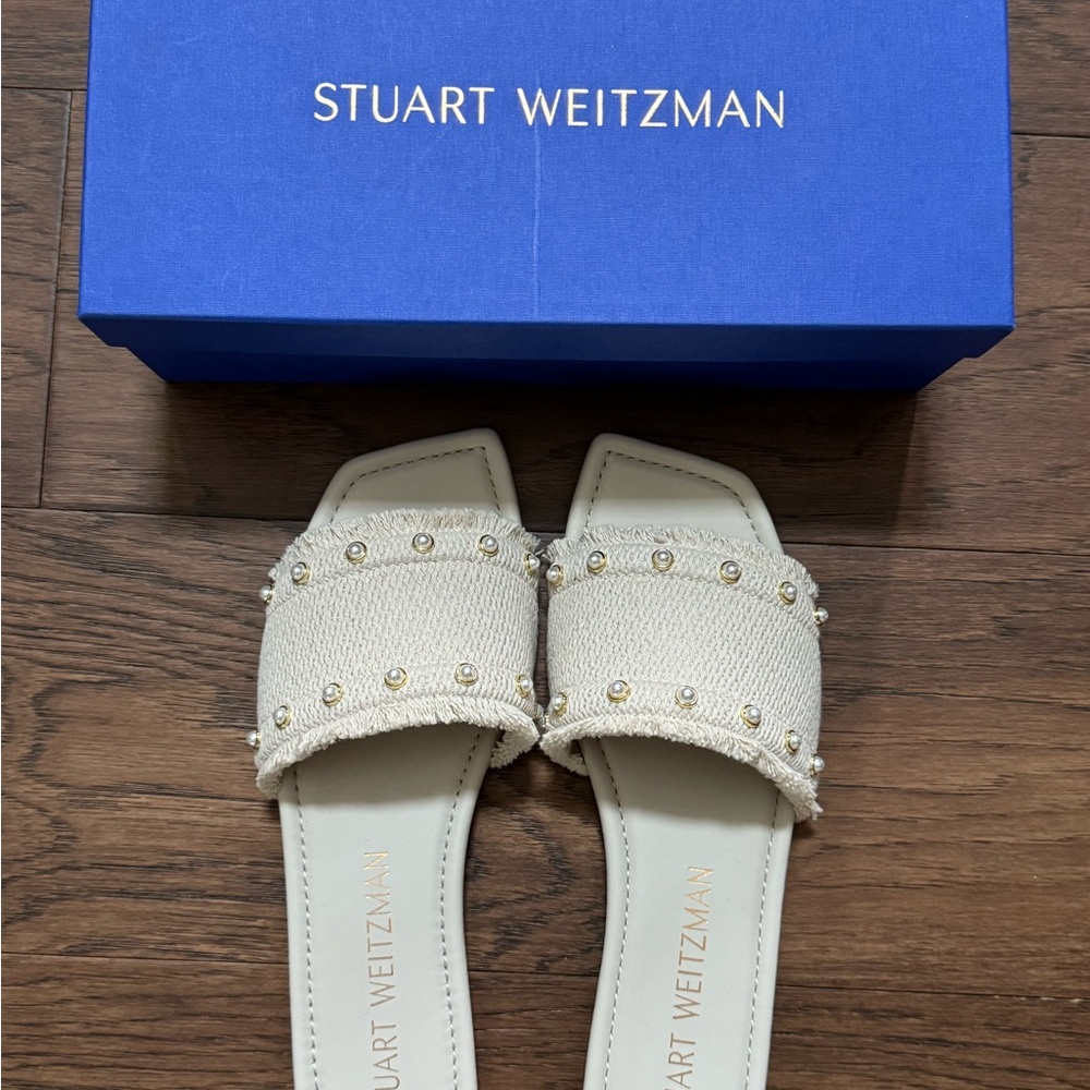 Stuart Weitzman Off White (Oat) Pearl Embellished Sandals